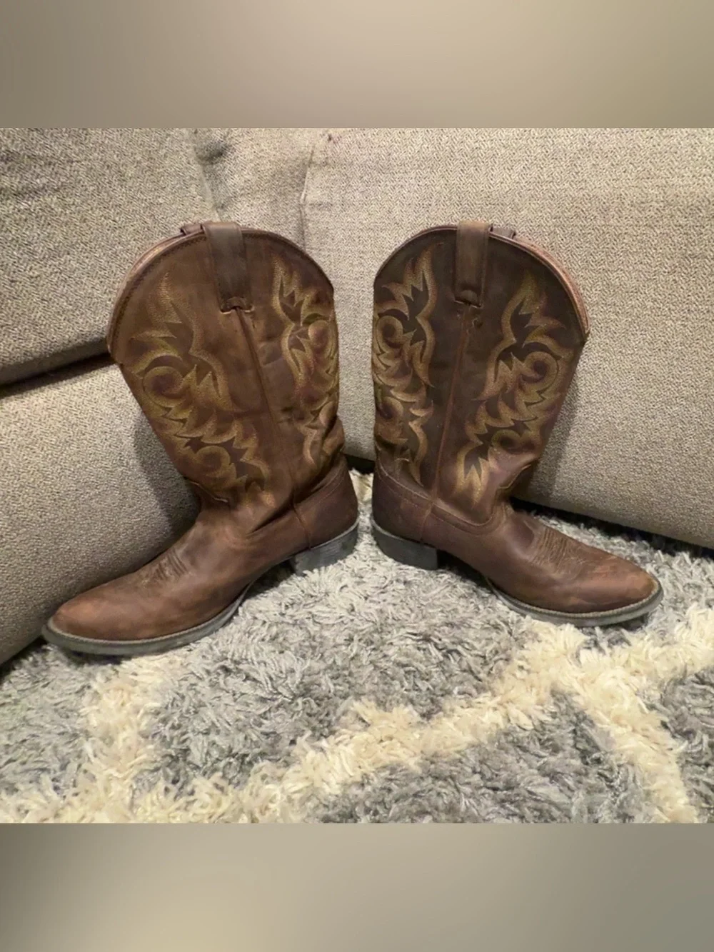 Justin Boots Brown Leather Cowboy Boots with Yellow Logo Print